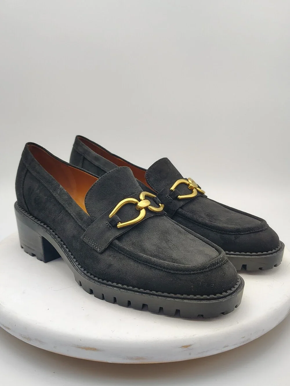 New Marc Fisher Black Suede Lug Sole Loafers with Gold Hardware Accents Size 9.5